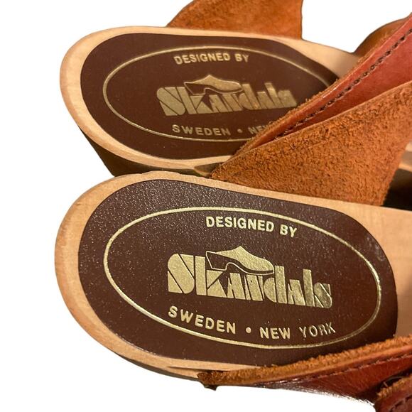 Skandals Sweden New York Vintage 60s 70s Bohemian Leather Cut Out Round Toe Wood - Picture 2 of 10